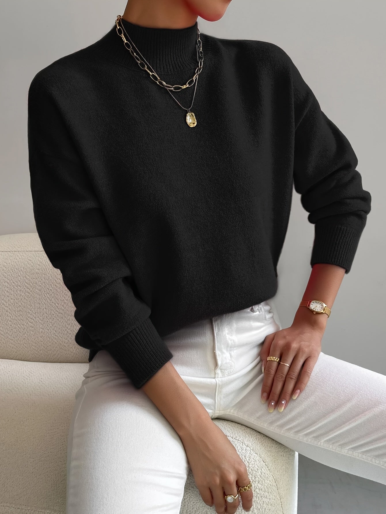 Turtleneck Sweater Womens Knit Ribbed Trim Drop Shoulder Winter