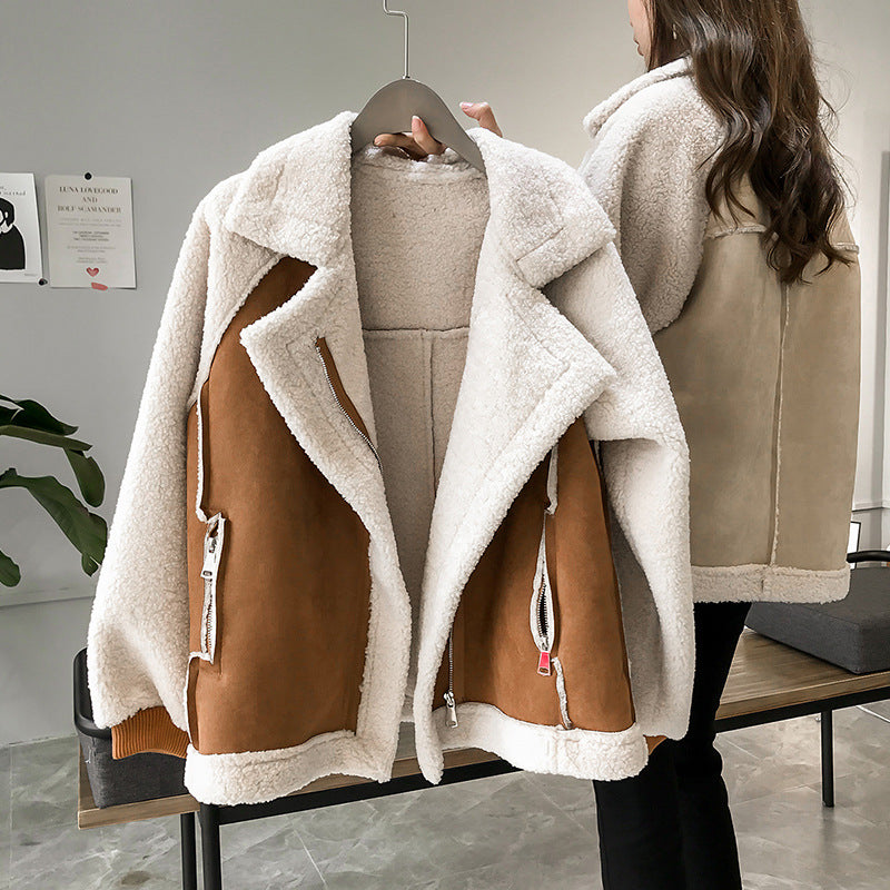 Shearling Coat Womens Faux Fur Turn Down Collar Open Front Hip Length