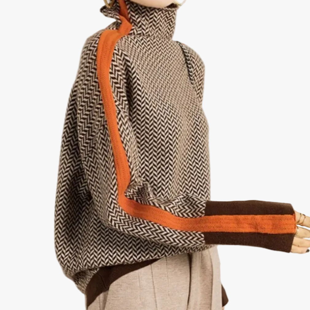 Turtleneck Sweater Womens Herringbone Knit Stripe Sleeve Tall Collar