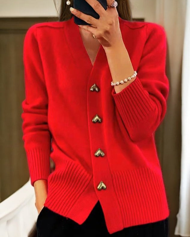 Cardigan Sweater Womens V Neck Heart Button Front Long Sleeve