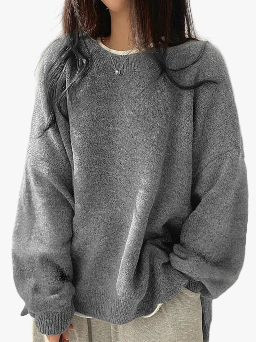 Knit Sweater Womens Crew Neck Drop Shoulder Side Slit Wide Sleeve