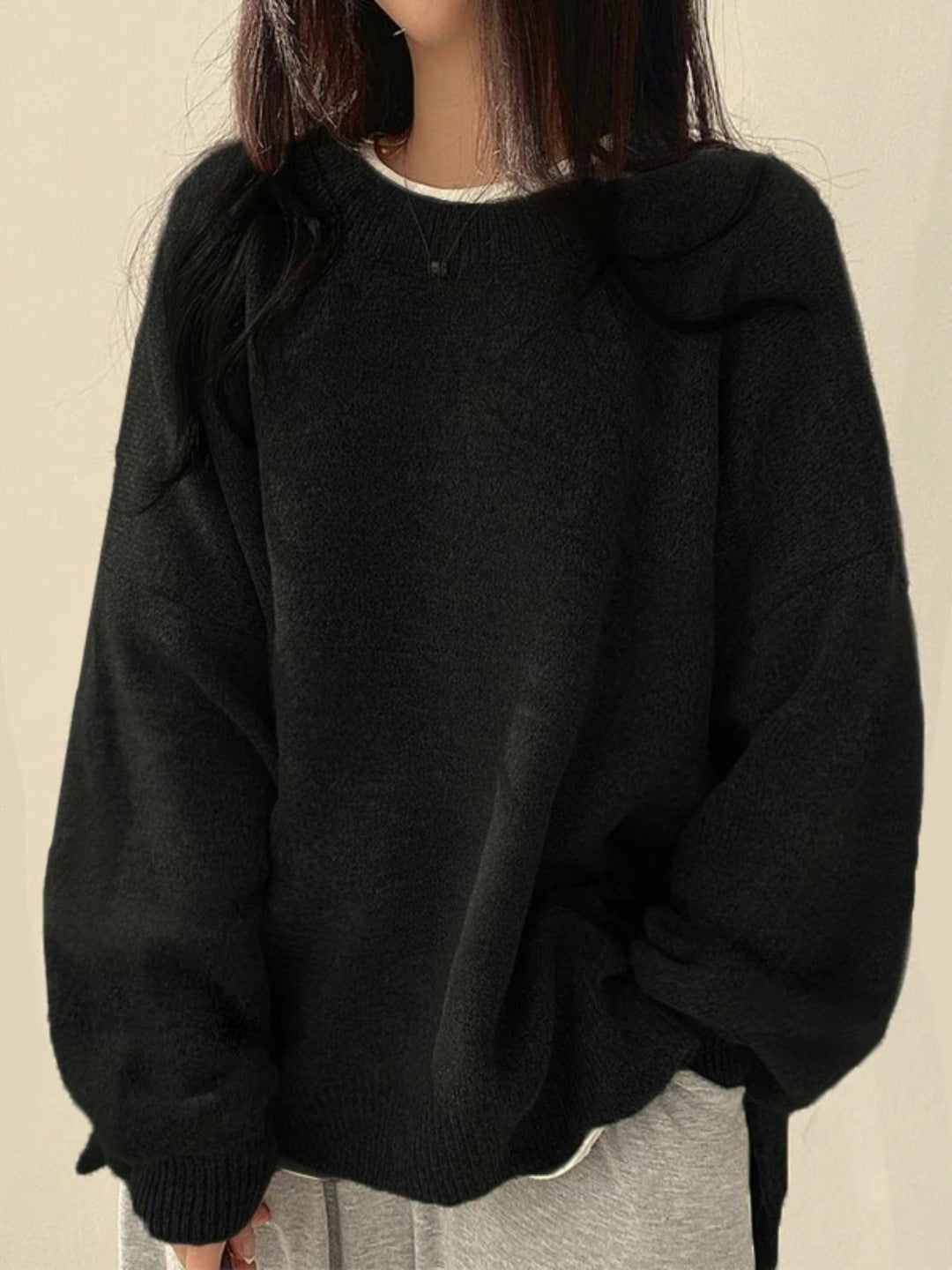 Knit Sweater Womens Crew Neck Drop Shoulder Side Slit Wide Sleeve