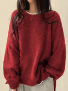 Knit Sweater Womens Crew Neck Drop Shoulder Side Slit Wide Sleeve