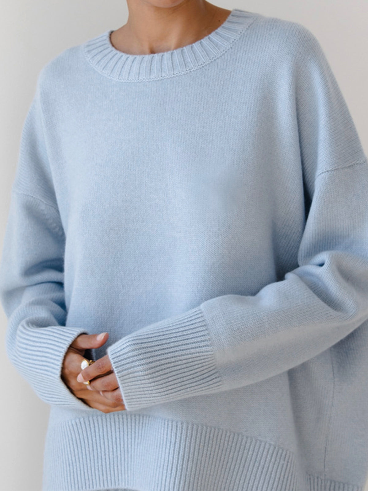 Knit Sweater Womens Crew Neck Ribbed Cuff Drop Shoulder Pullover