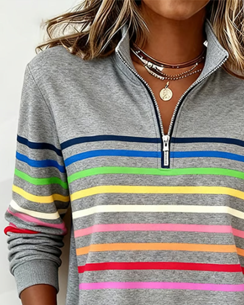Knit Sweater Womens Quarter Zip Stand Collar Striped Band Pullover