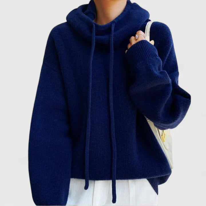 Hoodie Womens Knit Sweater Wide Hood Drawstring Ribbed Trim Pullover