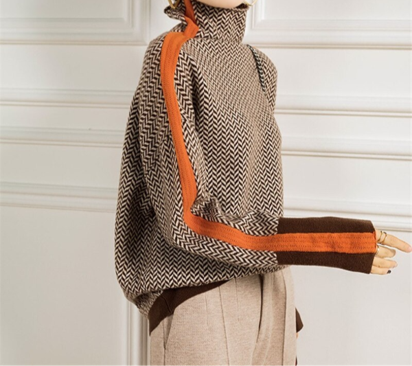 Turtleneck Sweater Womens Herringbone Shoulder Stripe Panel Winter