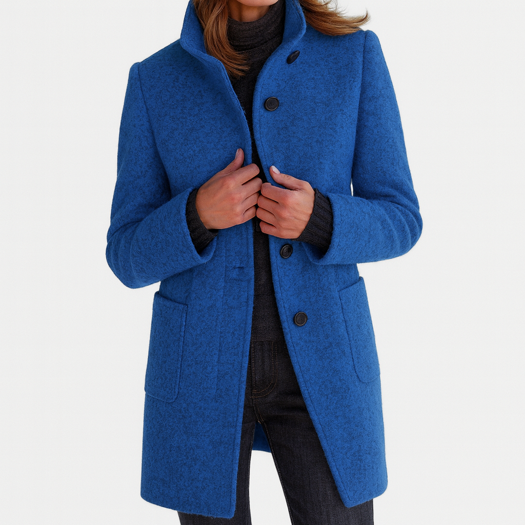 Wool Coat Womens Knee Length Stand Collar Patch Pockets Straight