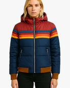 Puffer Jacket Womens Hooded Quilted Stripe Band Zip Front Padded