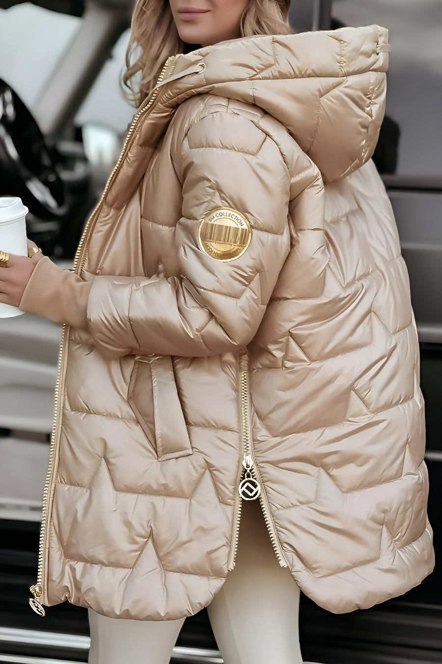 Puffer Coat Womens Long Quilted Hooded Drawcord Side Zip Rib Cuff