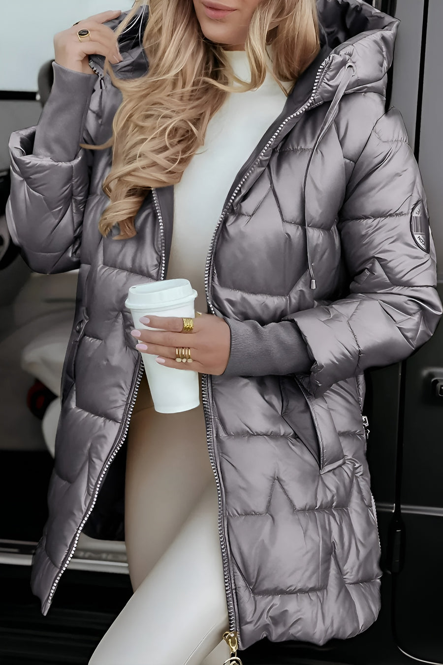 Puffer Coat Womens Long Quilted Hooded Drawcord Side Zip Rib Cuff