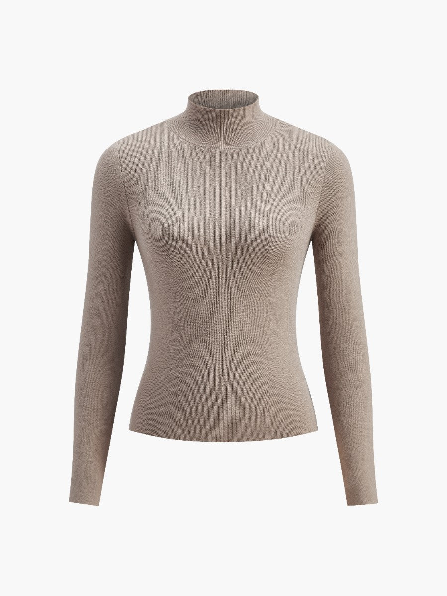 Knit Sweater Womens Rib Mock Neck Long Sleeve Extended Cuff Fitted