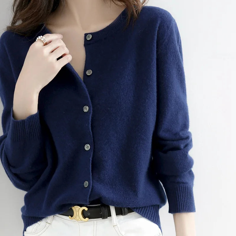 Fall Fine Knit Close Fit Crewneck Button Front Cardigan for Women