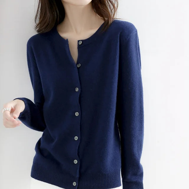 Fall Fine Knit Close Fit Crewneck Button Front Cardigan for Women in Dark Blue