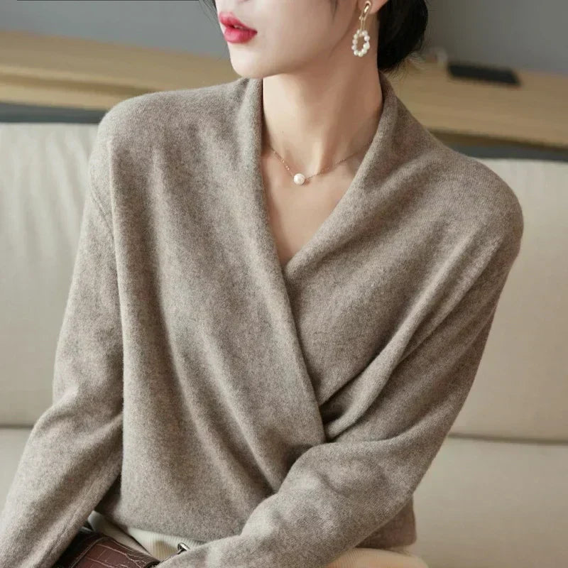 Knit Sweater Womens Wrap Front Crossover V Neck Ribbed Cuff Hem