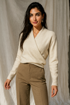 Knit Sweater Womens Wrap Front Crossover V Neck Ribbed Cuff Hem