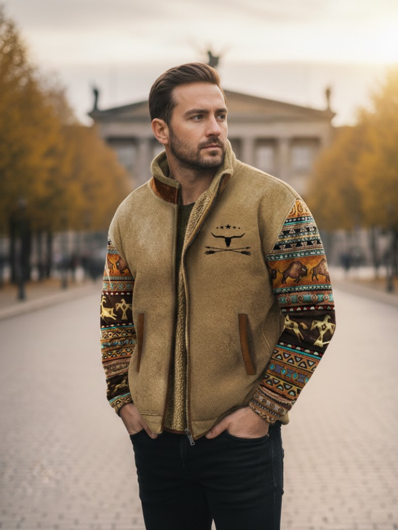 Sherpa Jacket Mens Fleece Aztec Pattern Knit Sleeve Zip Front Lined