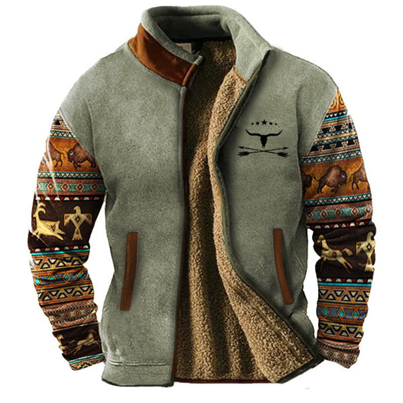 Sherpa Jacket Mens Fleece Aztec Pattern Knit Sleeve Zip Front Lined