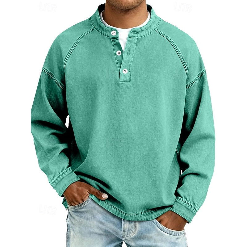 Henley Shirt Mens Washed Cotton Long Sleeve Relaxed Lived In Feel