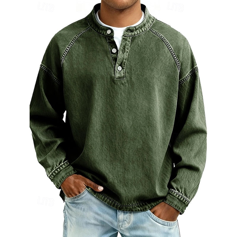 Henley Shirt Mens Washed Cotton Long Sleeve Relaxed Lived In Feel