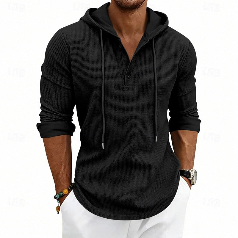 Henley Shirt Mens Hooded Long Sleeve Button Placket Relaxed Layer