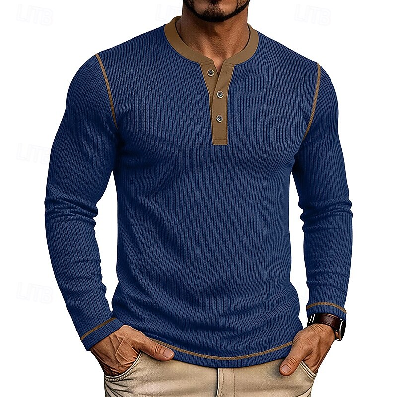 Henley Shirt Mens Ribbed Texture Long Sleeve Placket Soft Jersey