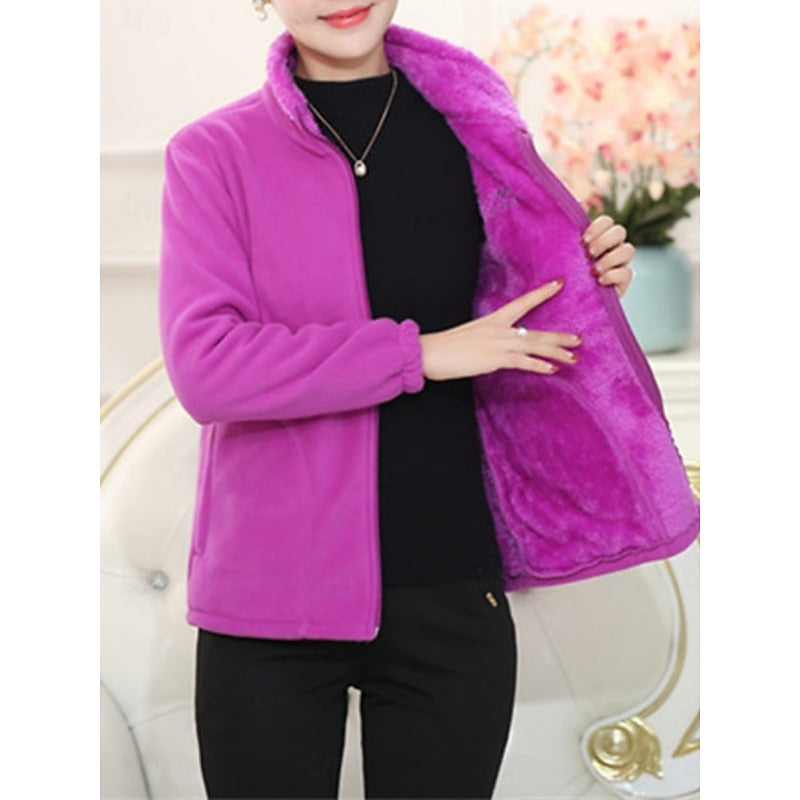 Fleece Jacket Womens Stand Collar Zip Front Plus Size Soft Warm