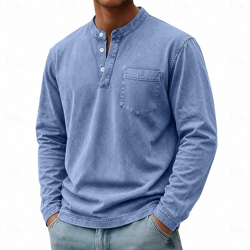 Henley Shirt Mens Vintage Washed Long Sleeve Button Placket Faded