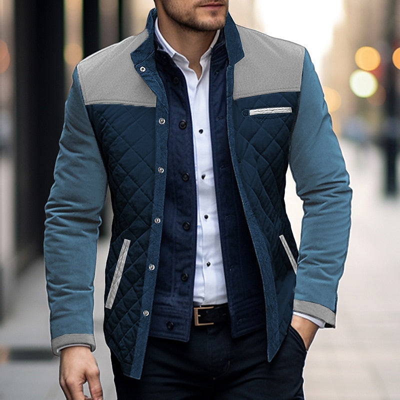 Quilted Jacket Mens Colour Block Padded Zip Front Stand Collar