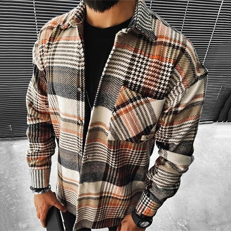 Flannel Shirt Jacket Mens Checked Overshirt Button Front Relaxed