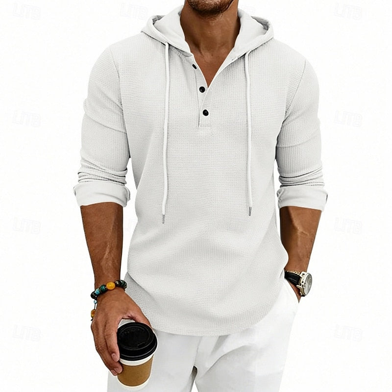 Henley Shirt Mens Hooded Long Sleeve Button Placket Relaxed Layer