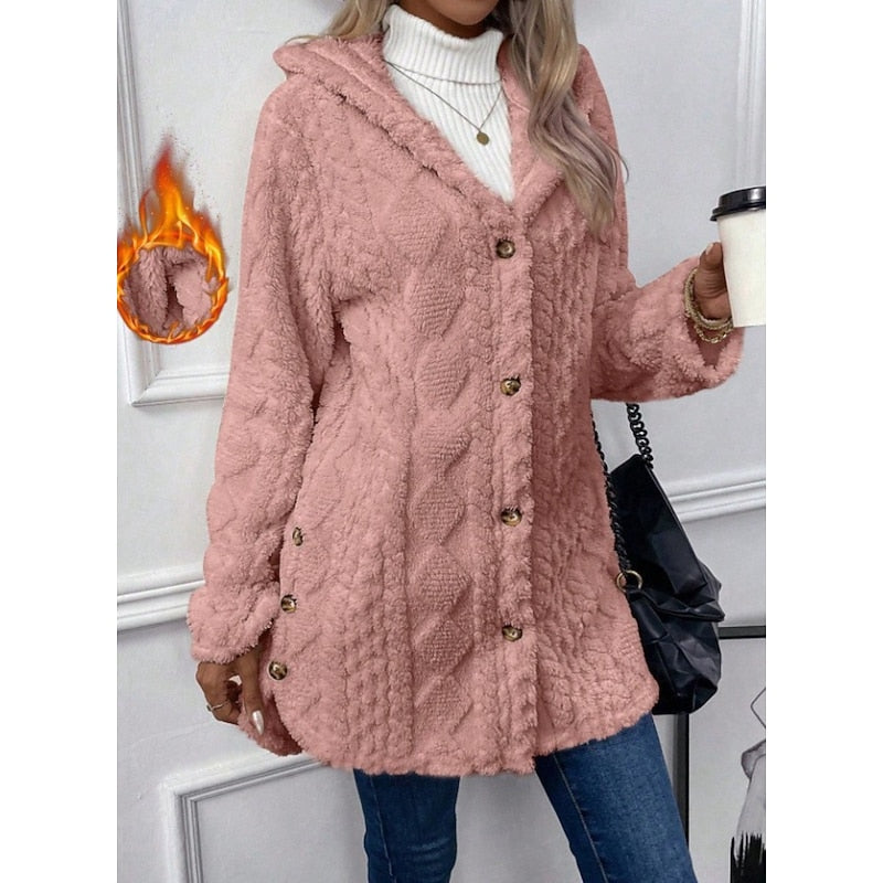 Fleece Jacket Womens Hooded Textured Relaxed Zip Front Soft Warm
