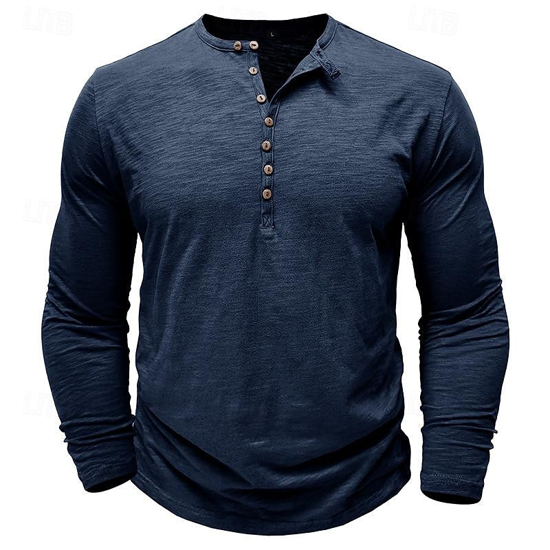 Henley Shirt Mens Long Sleeve Button Placket Cotton Classic Fit