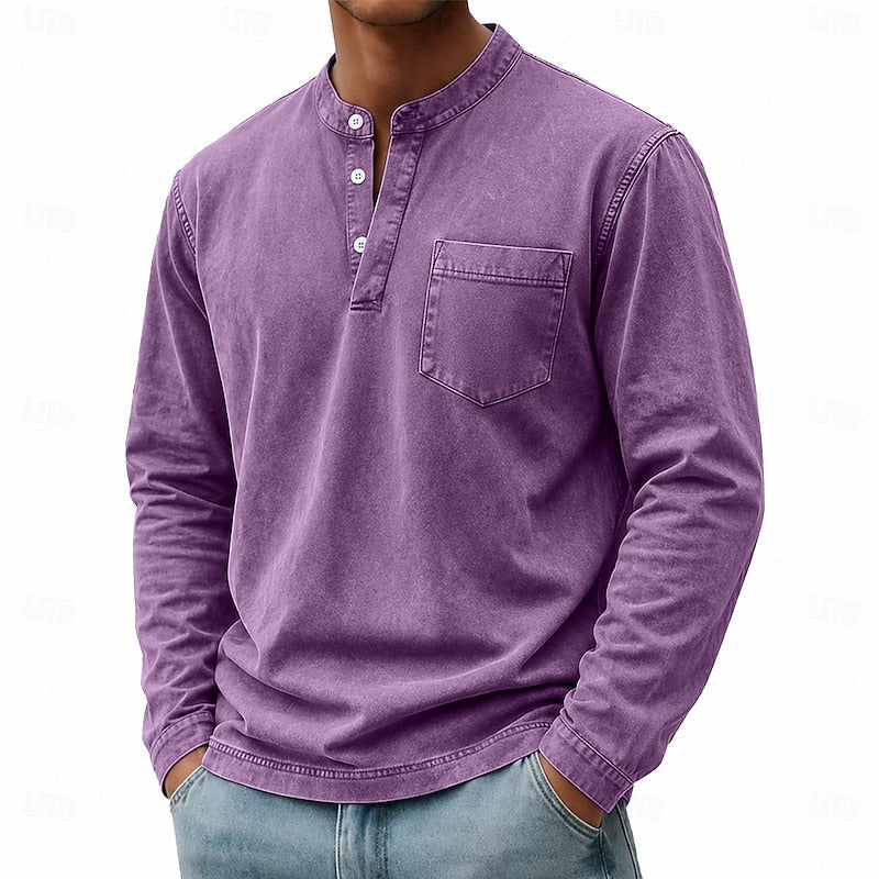 Henley Shirt Mens Vintage Washed Long Sleeve Button Placket Faded