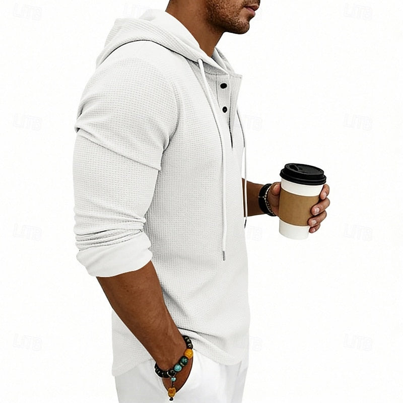 Henley Shirt Mens Hooded Long Sleeve Button Placket Relaxed Layer
