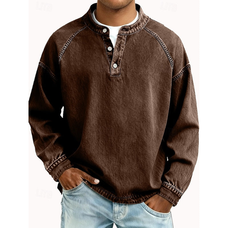 Henley Shirt Mens Washed Cotton Long Sleeve Relaxed Lived In Feel