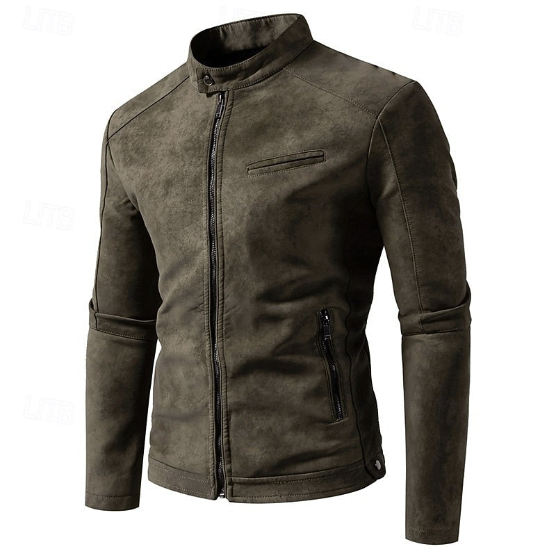 Leather Jacket Mens Faux Biker Stand Collar Zip Front Classic